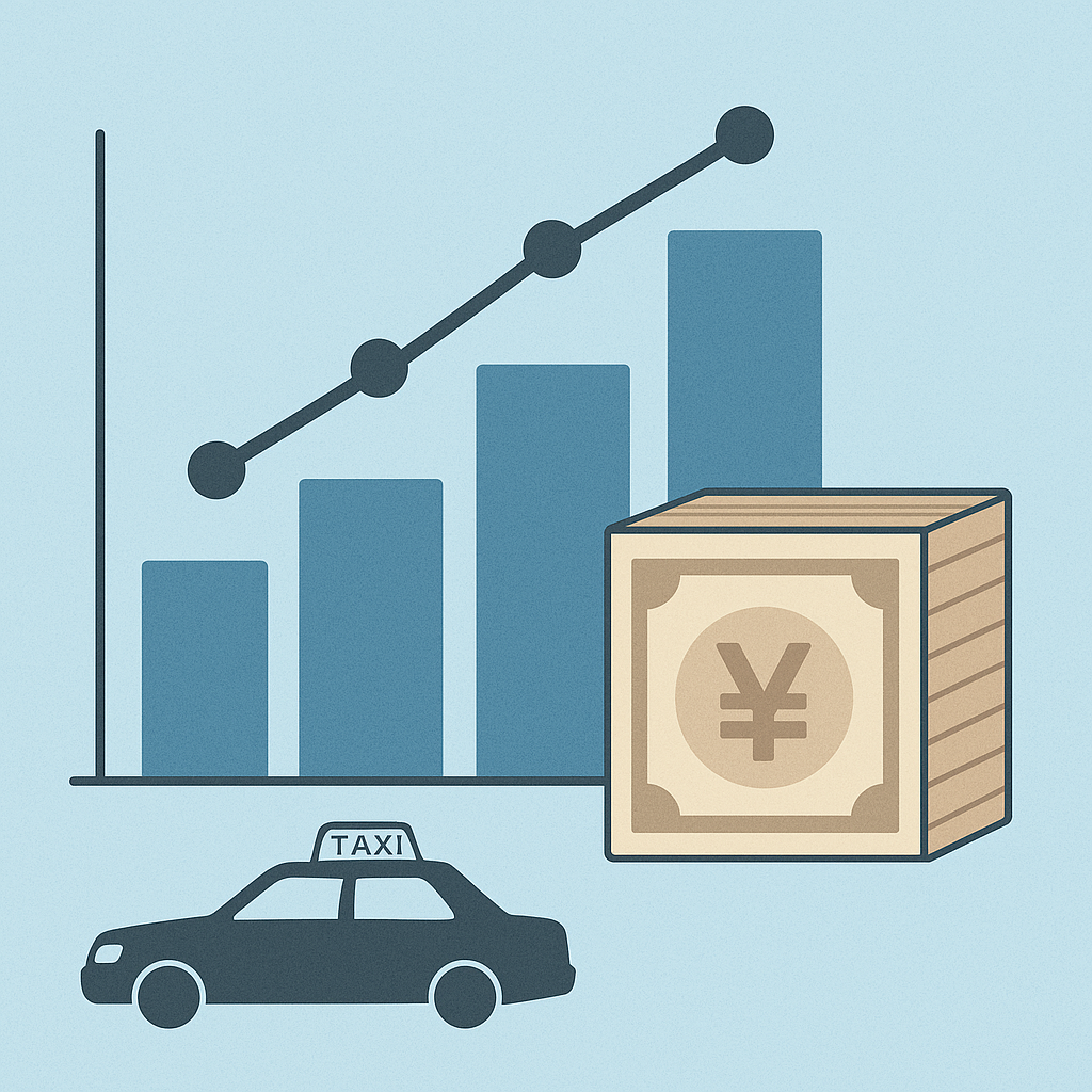 タクシー運転手の年収を表す棒グラフと円マーク付きの札束のイラスト。タクシーのシルエットも添えられている。