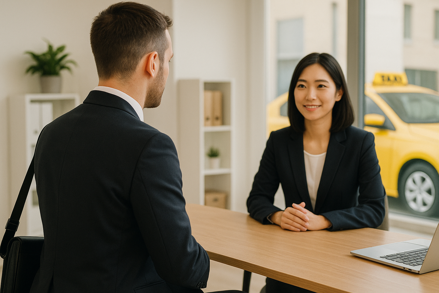 スーツ姿の男性が面接中のタクシー会社オフィス。窓の外には黄色いタクシーが見え、温かみのある雰囲気が伝わる